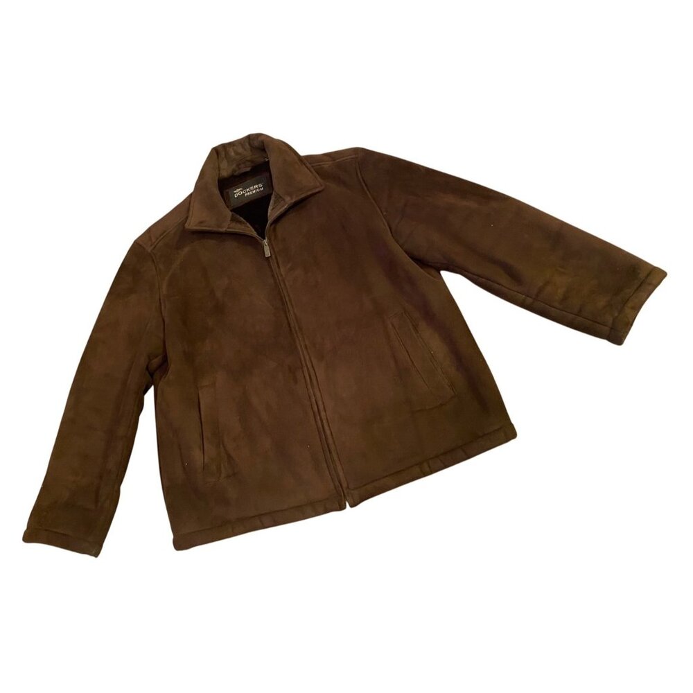 Dockers Premium Brown Faux Sude & Fur Lined Jacket Zip Closure & Pockets XL